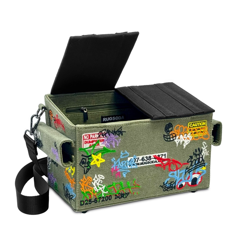 Rugsoda Dumpster Bag with one magnetic lid open and removable strap
