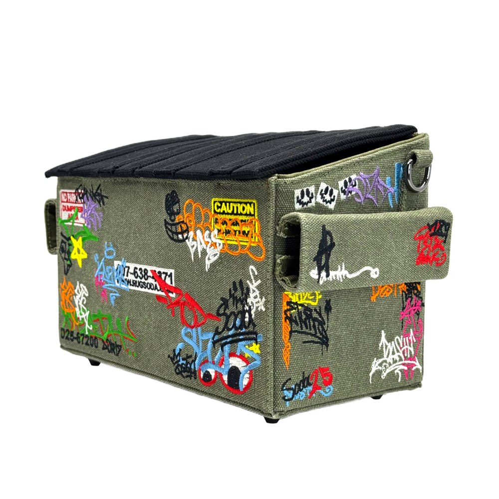 Closed dumpster bag showing side sleeve and graffiti embroidery