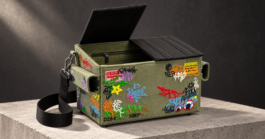 Olive canvas dumpster shoulder bag with one lid raised on a studio plinth