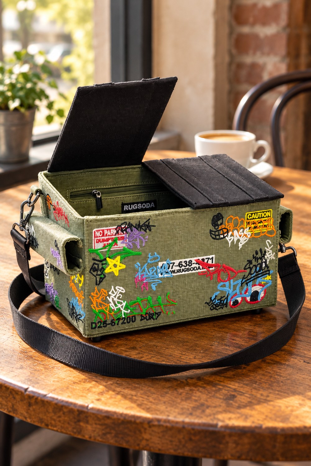 Olive canvas dumpster-shaped shoulder bag with colorful graffiti embroidery, one black lid open and a black strap resting on a wooden cafe table.
