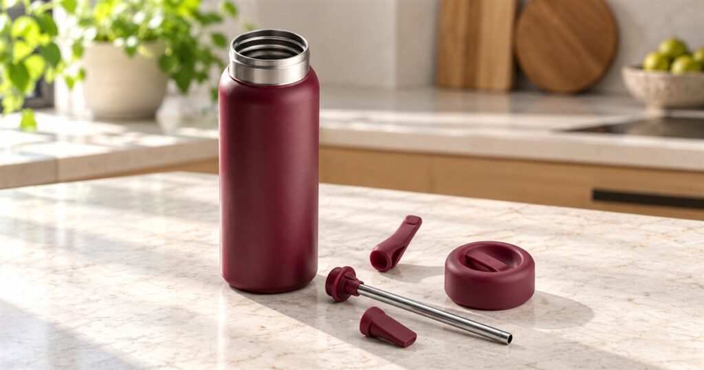 Burgundy insulated bottle with removable drinking components on a counter
