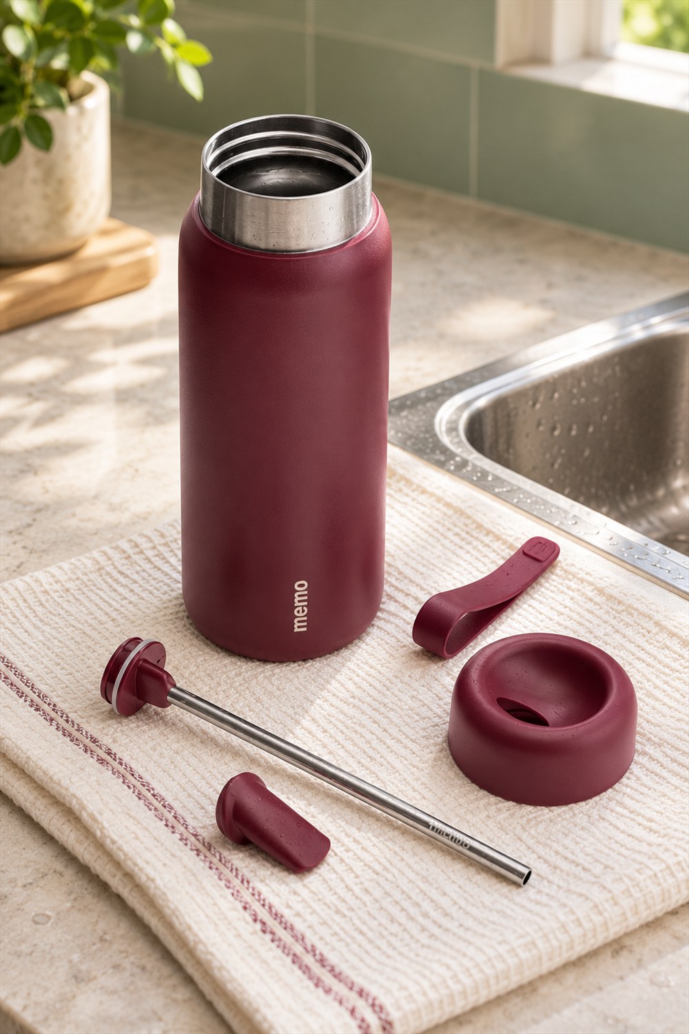 AI-generated lifestyle visualization of the burgundy memo ROUND crowdfunding bottle with its removed lid, mouthpiece, straw-and-plug assembly and carry strap drying beside a kitchen sink.