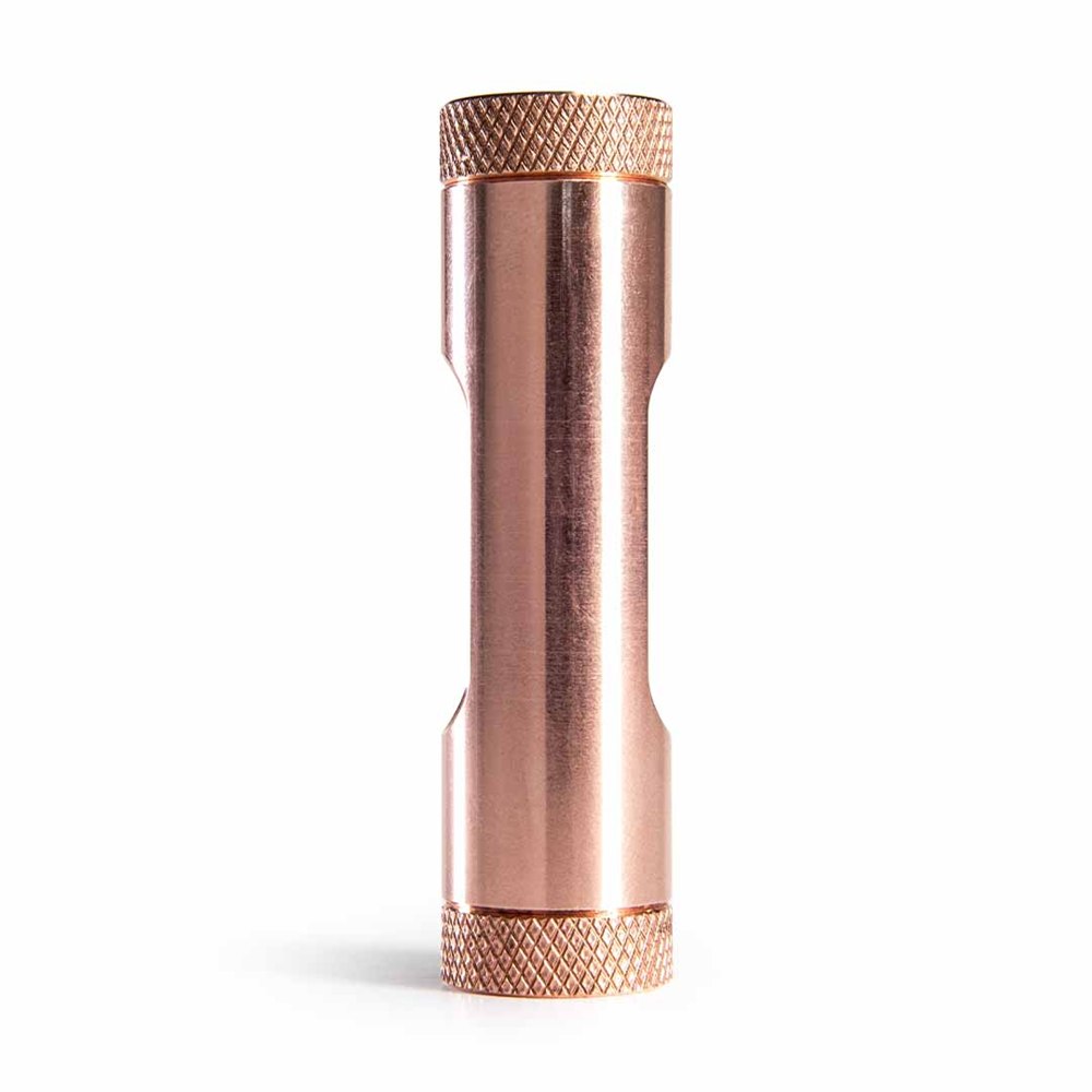 Rear view of the brushed copper Eddy tube and knurled end caps