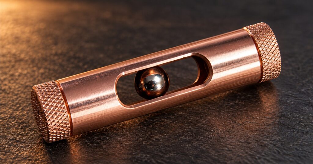 Copper eddy current desk toy with a reflective magnetic sphere on a dark desk