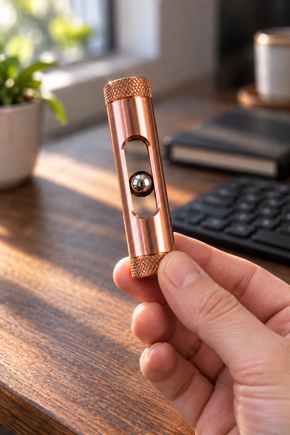 Hand holding a copper MetMo Eddy desk toy with a silver magnetic ball visible in its open window above a sunlit wooden desk.