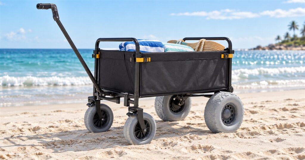 Electric beach wagon on sand beside the ocean