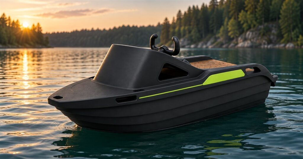 Black and green single-seat electric kart boat floating on calm water