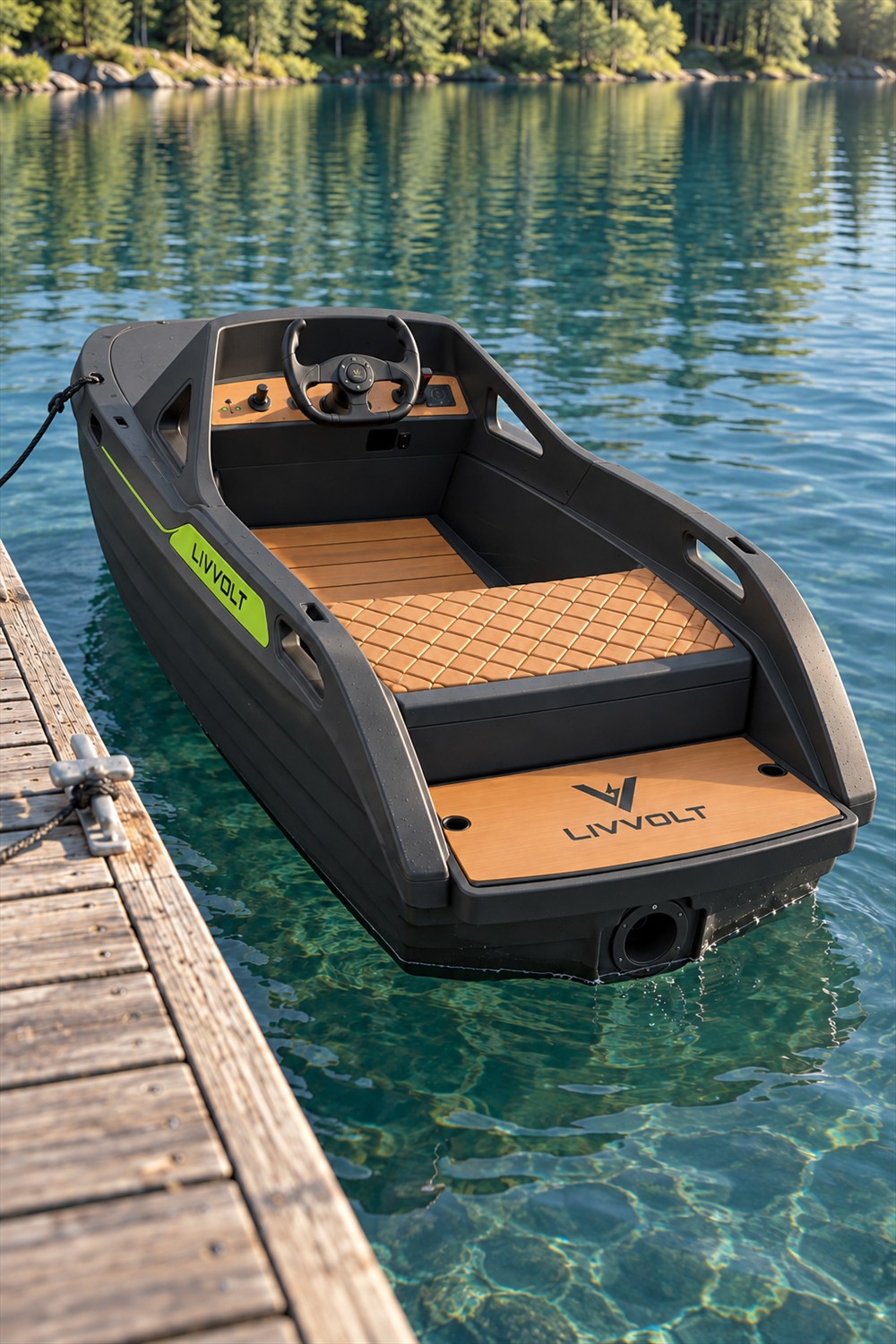 A black and lime electric kart boat with a tan seat and steering yoke floats beside a wooden dock on a clear blue-green lake.