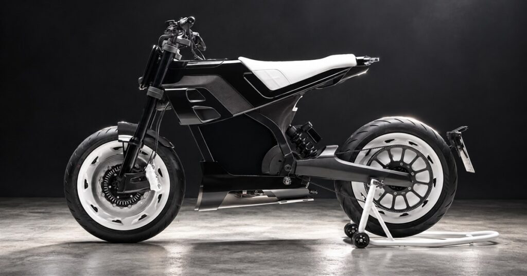 Black and white electric motorcycle with a white seat and wheel covers