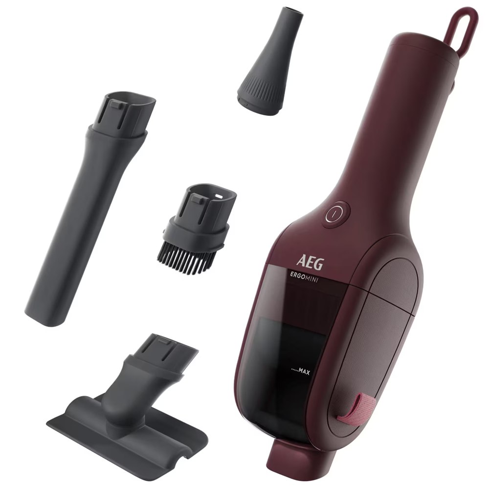 AEG ErgoMini handheld vacuum and its cleaning attachments