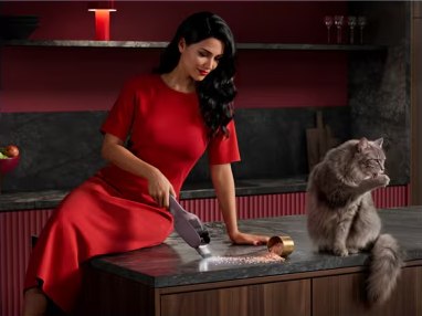 AEG ErgoMini cleaning a kitchen counter beside a cat