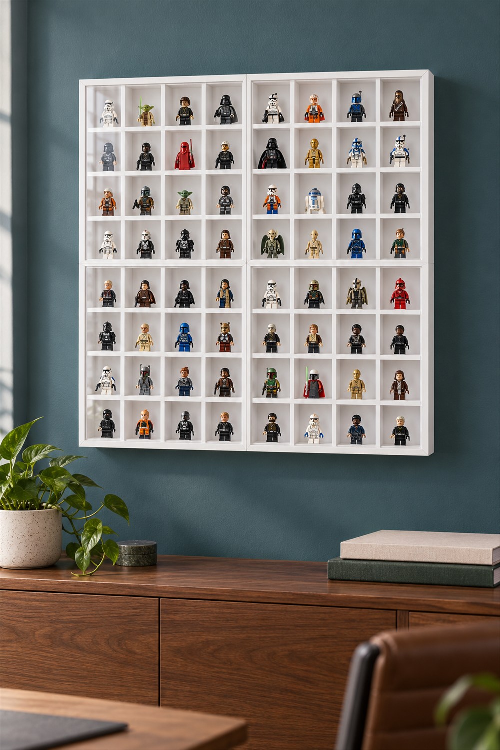 White modular wall display with eight rows and eight columns of minifigures above a walnut cabinet against a blue-green wall.