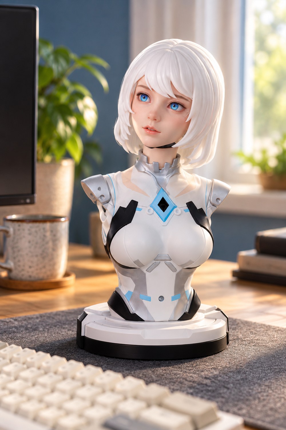 White-haired FR-NIA robot bust with blue eyes, white and silver torso panels and a circular base beside a keyboard on a sunlit desk.