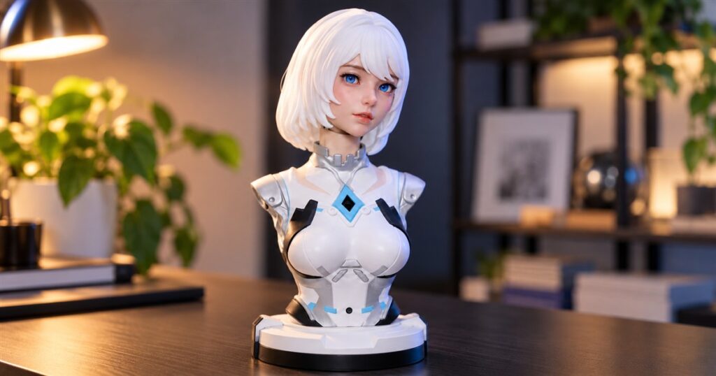 Expressive desktop robot with white hair and a silicone face