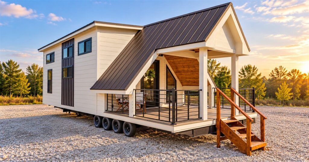Tinde tiny home with steep porch roof and four-axle trailer