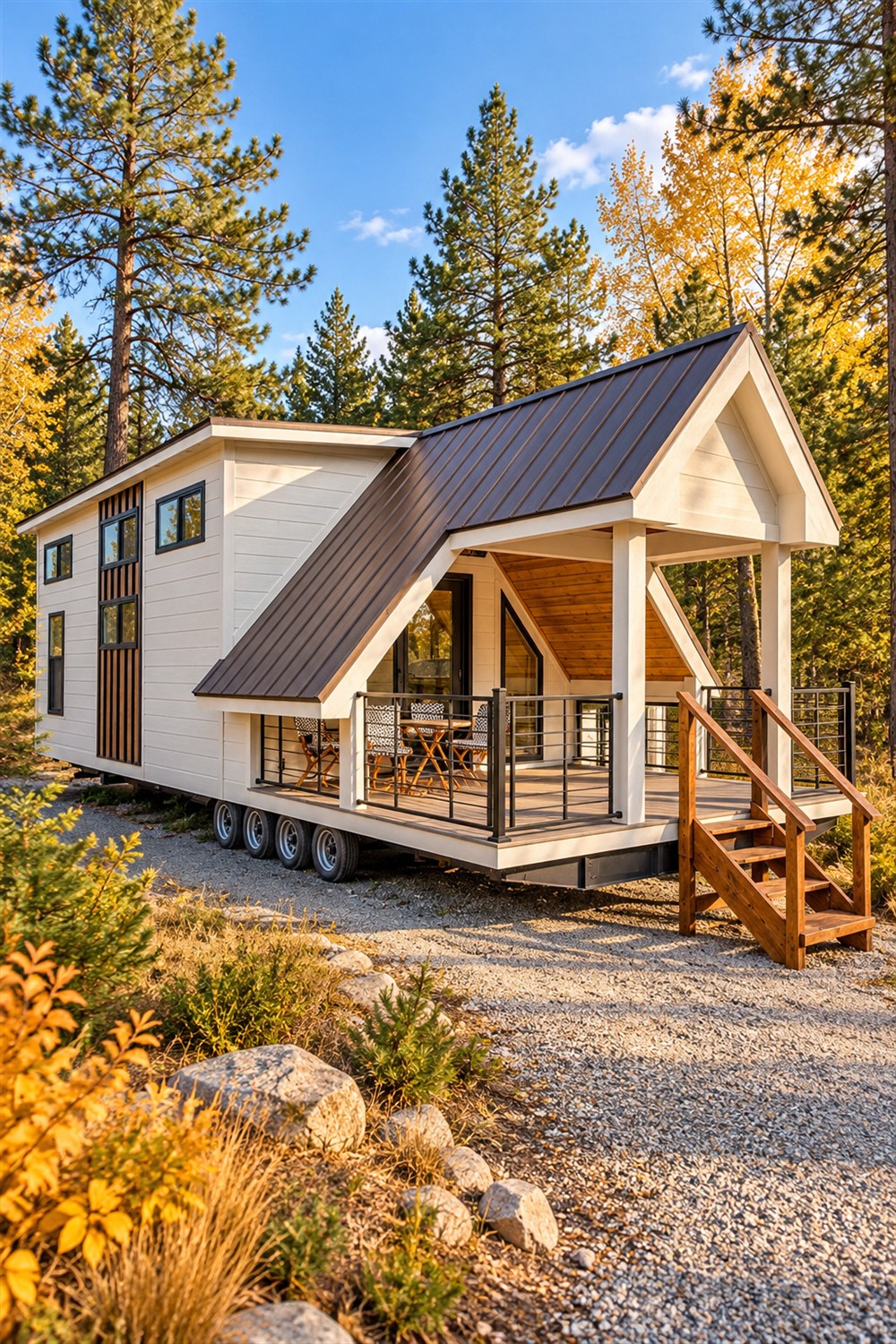 AI-generated woodland view of the Sweet-Haus Tinde tiny home with cream siding, a steep metal roof, covered timber porch, black railings and wooden entry stairs.