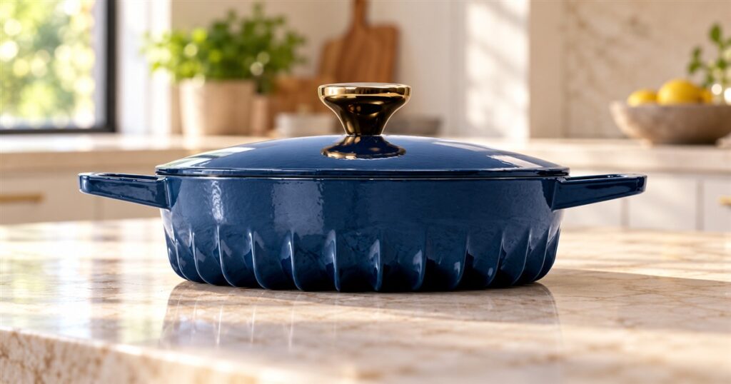 Blue finned cast-iron braiser with lid