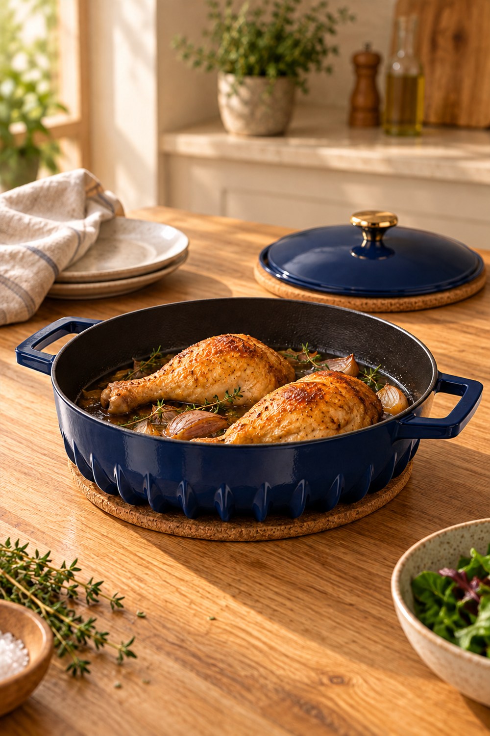 AI-generated lifestyle visualization of the navy FIREUP finned cast-iron braiser holding browned chicken and shallots on a cork trivet, with its matching gold-knobbed lid resting behind it.