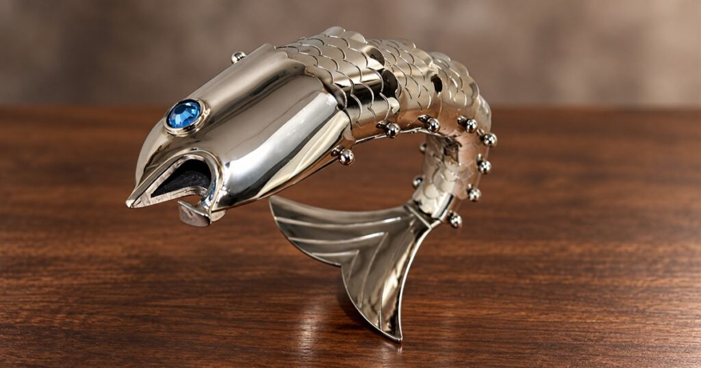 Articulating chrome fish bottle opener on a wooden tabletop