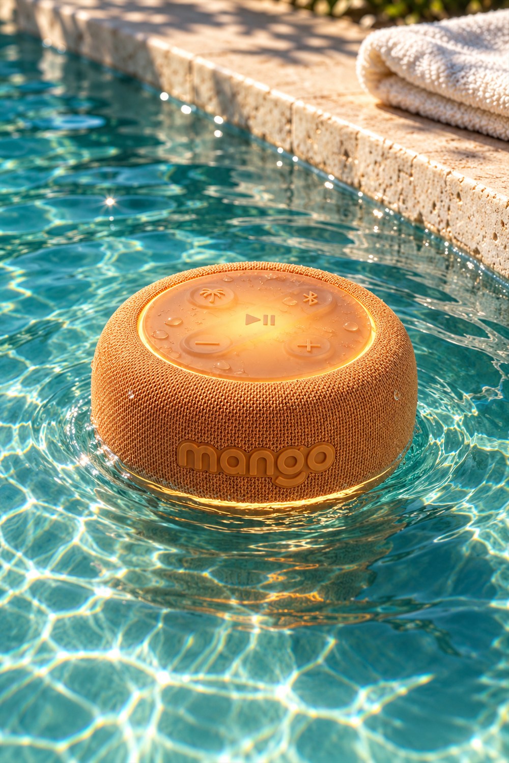 AI-generated lifestyle visualization of the amber Mango speaker concept floating face-up in a turquoise pool beside pale stone coping.