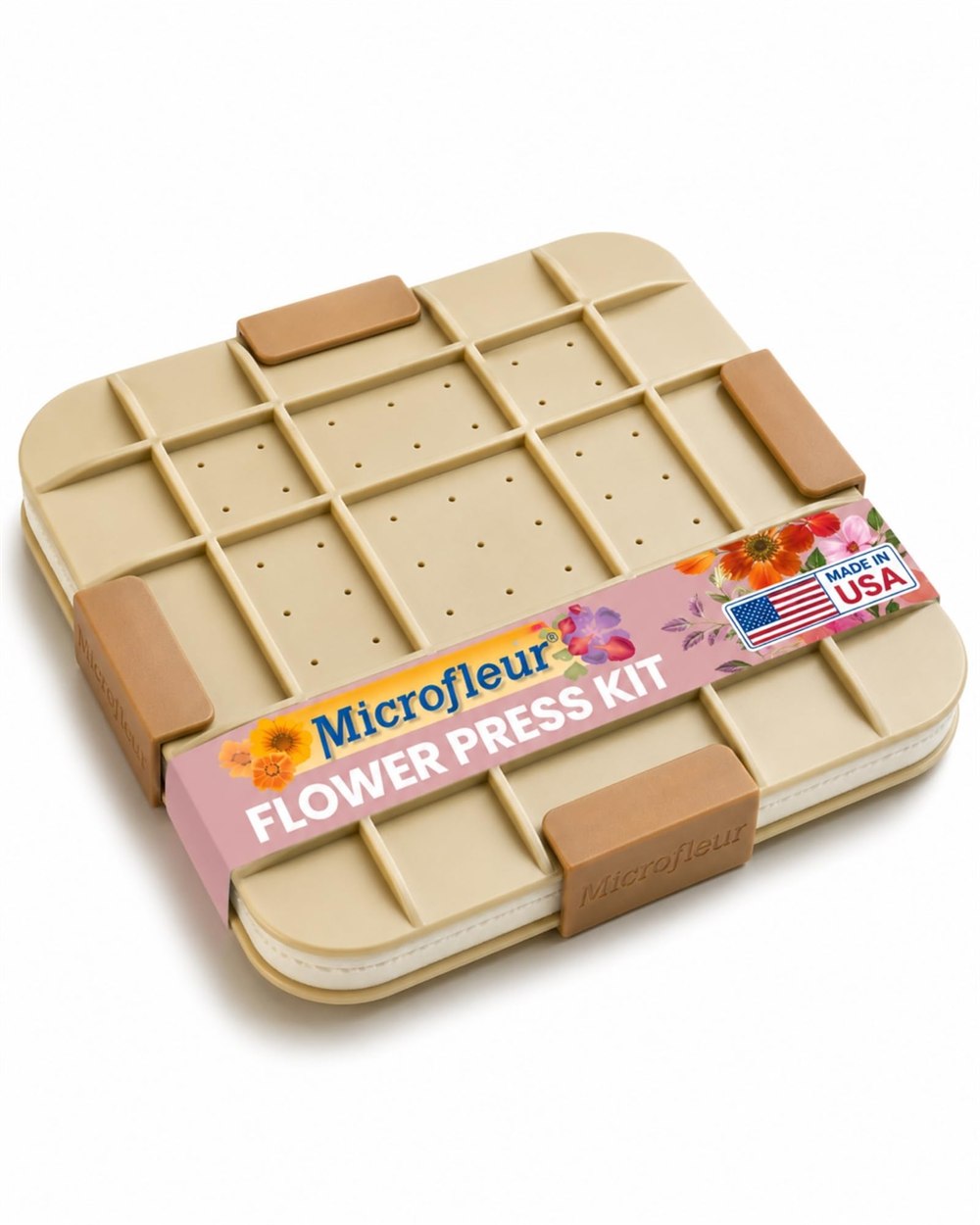 Microfleur Max tan microwave flower press with four securing clips