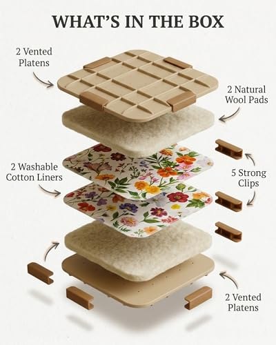 Exploded view of the platens, wool pads, cotton liners and clips