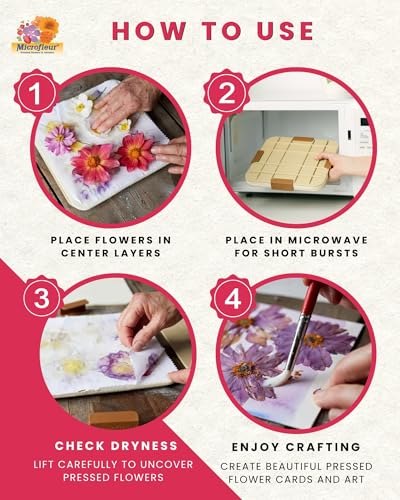 Seller guide showing flower loading, microwave use, drying checks and crafting