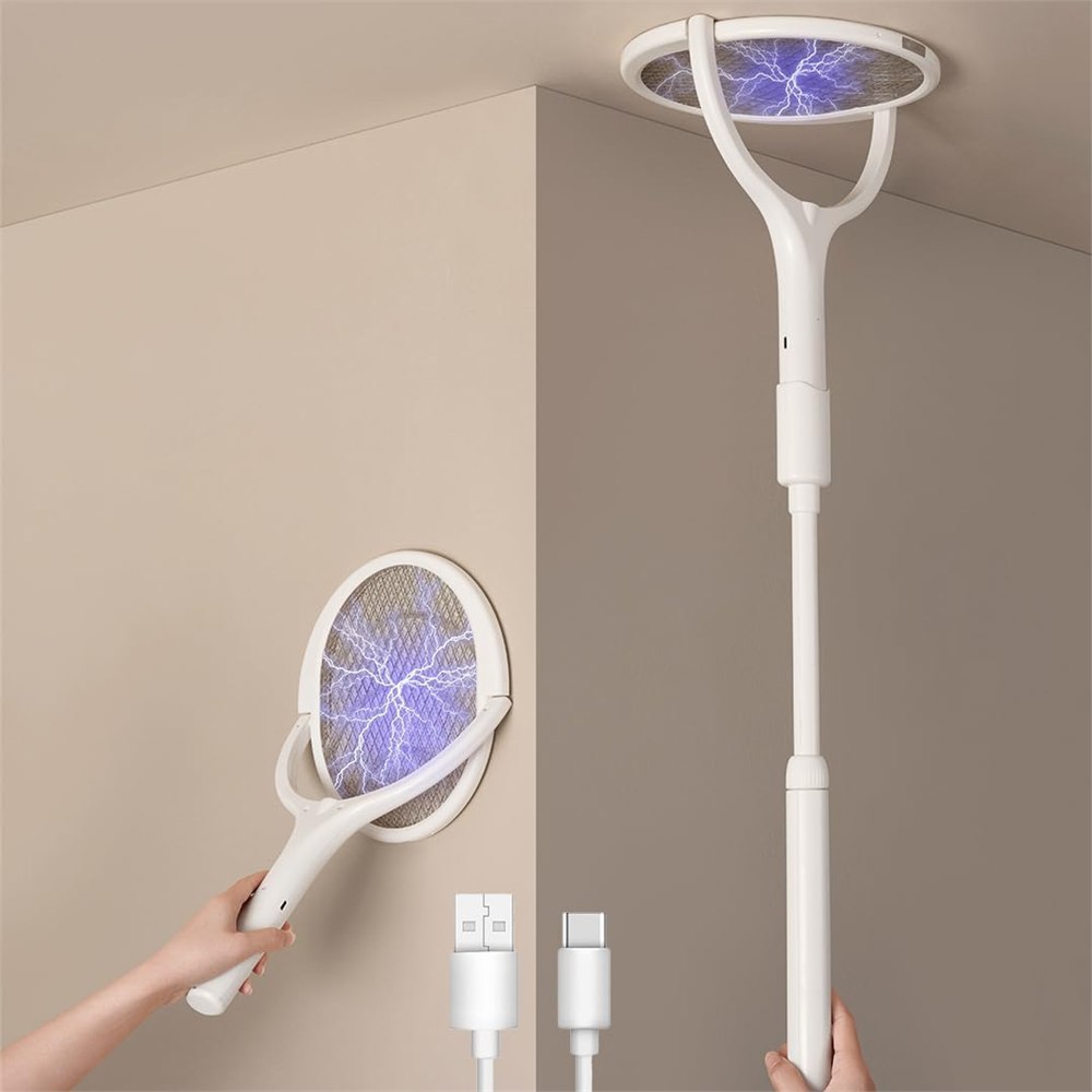Seller illustration of handheld and extended rotating-head fly swatter