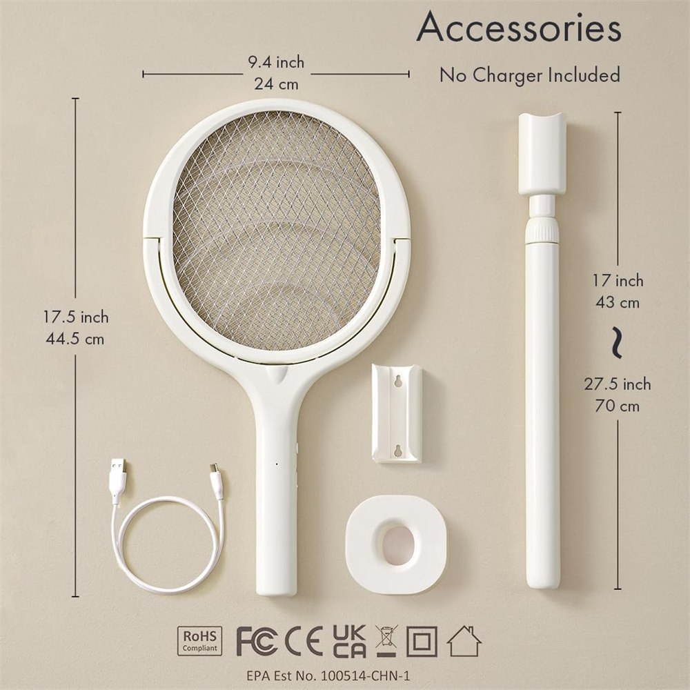 Racket, telescopic extension pole, USB cable, stand, and wall holder