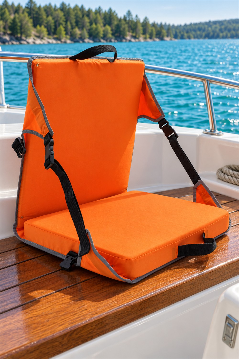 Open orange folding boat chair with gray edging and black support straps on a wooden boat bench beside turquoise lake water.