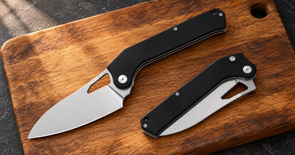 Black folding chef knife with satin silver blade
