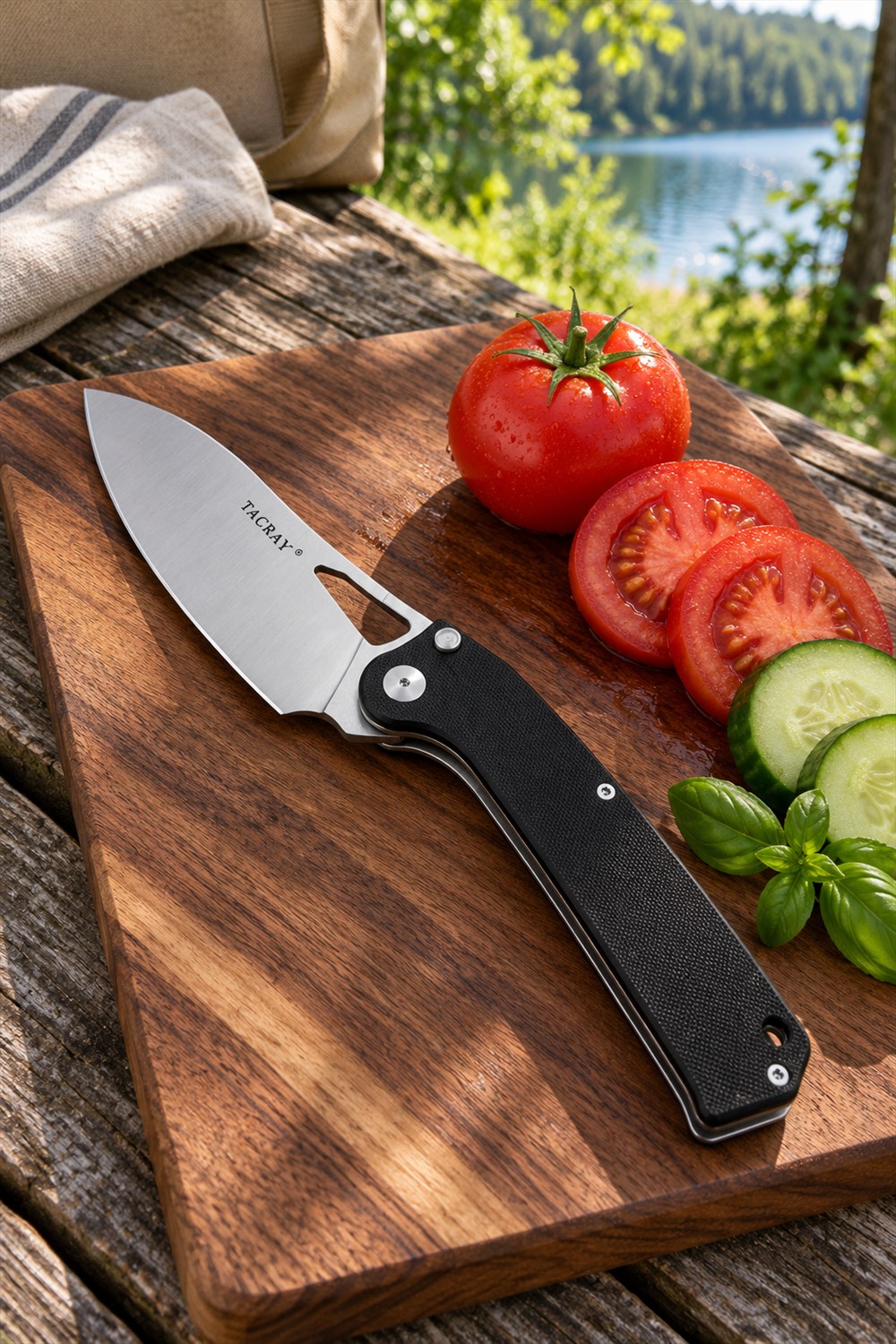 An open folding chef knife with a curved black handle rests on a wooden cutting board beside sliced tomatoes, cucumber and basil at a lakeside picnic table.