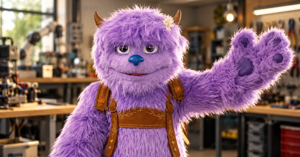 Hugo purple furry character robot waving