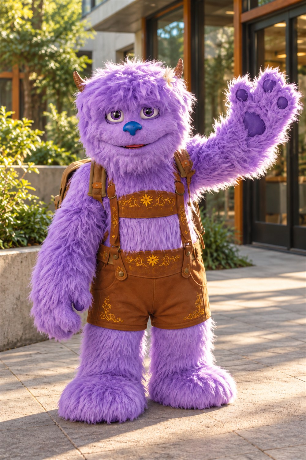 AI-generated lifestyle visualization of Hugo, a developing lavender furry character robot with brown horns, a blue nose, brown shorts and a backpack, waving in a sunlit courtyard.