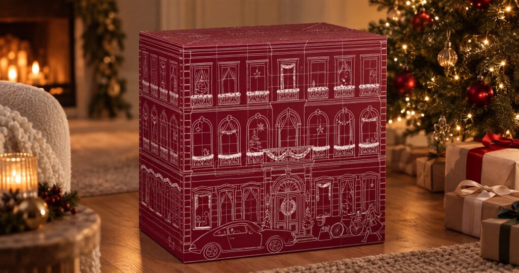 Giant burgundy architectural Advent calendar in a Christmas room