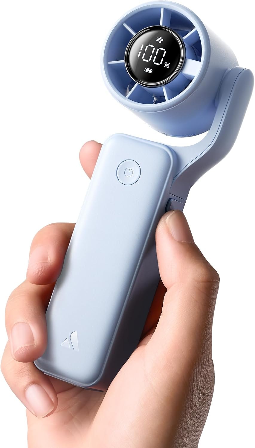 Blue handheld fan with swiveling circular head and battery display