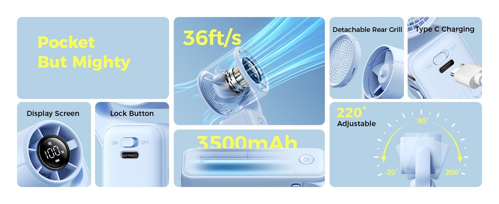 Seller diagram showing USB-C charging, battery, lock and adjustable fan head