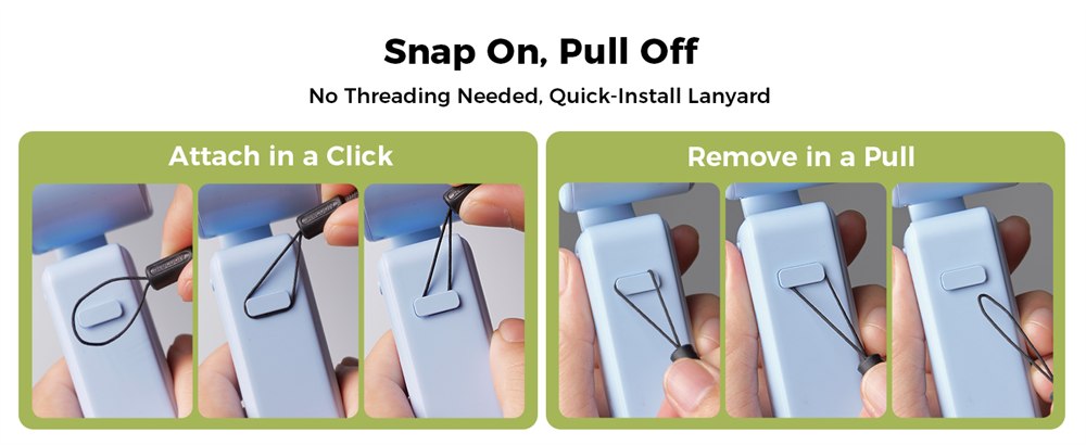 Snap-on lanyard attachment on the back of the fan
