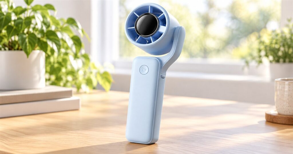 Blue adjustable pocket fan with swiveling circular head