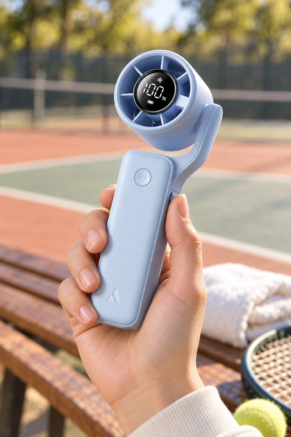 A hand holds a light blue pocket fan with a tilted circular head and black battery display beside a tennis court, with a towel and racket on a bench.