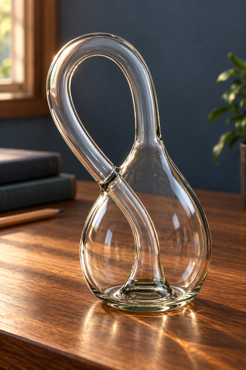 Clear glass Klein bottle with a tall looped neck and curved inner tube on a sunlit walnut desk beside books.