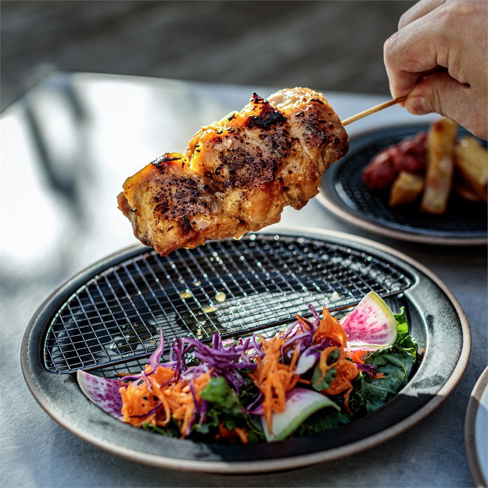 Grilled chicken lifted above the removable black draining rack