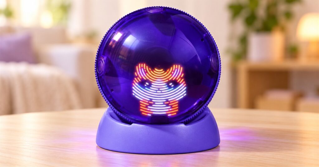 Bitzee Hamster Ball digital pet on its purple stand