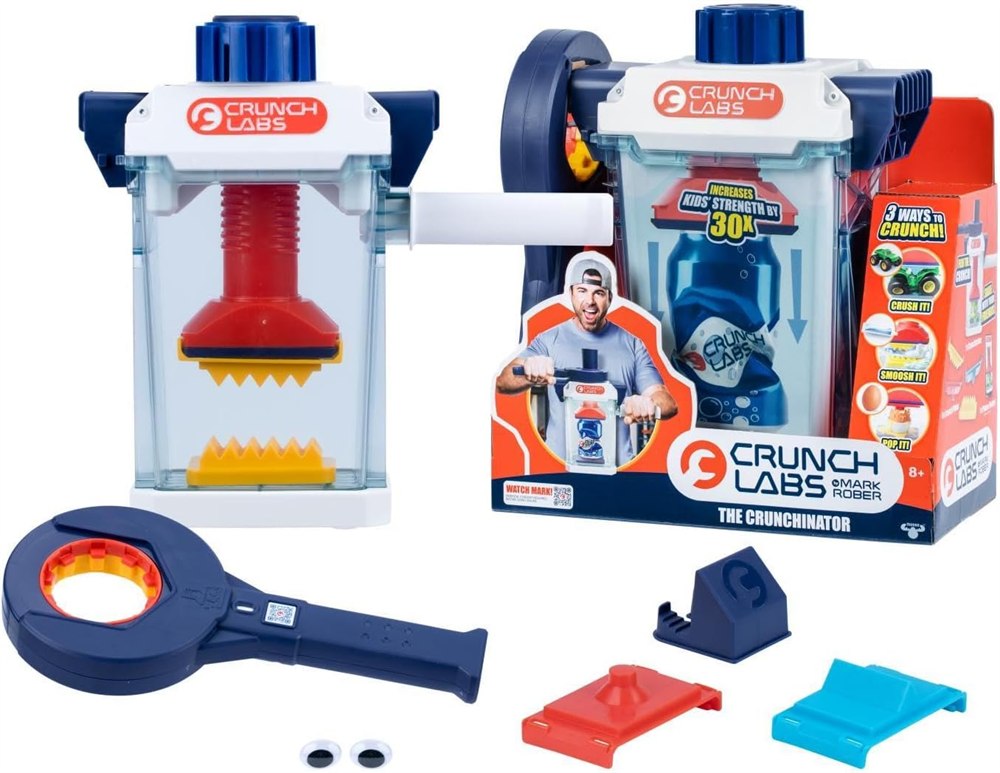 CrunchLabs Crunchinator toy, packaging, wrench and interchangeable accessories