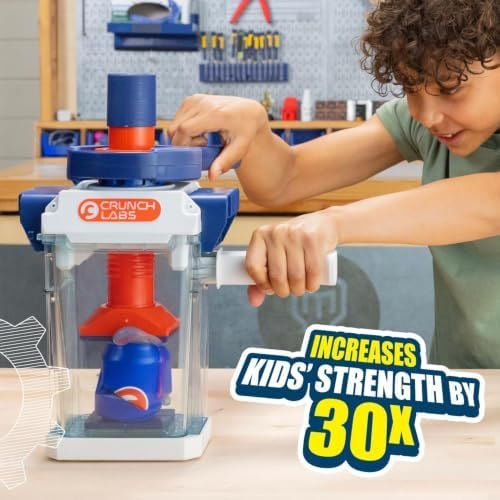 Child using the Crunchinator wrench while holding its stabilizing handle