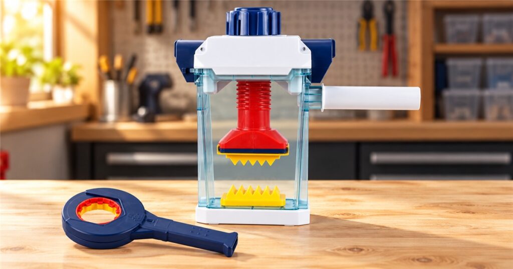 Editorial illustration of the hand-cranked crushing toy and wrench on a workbench