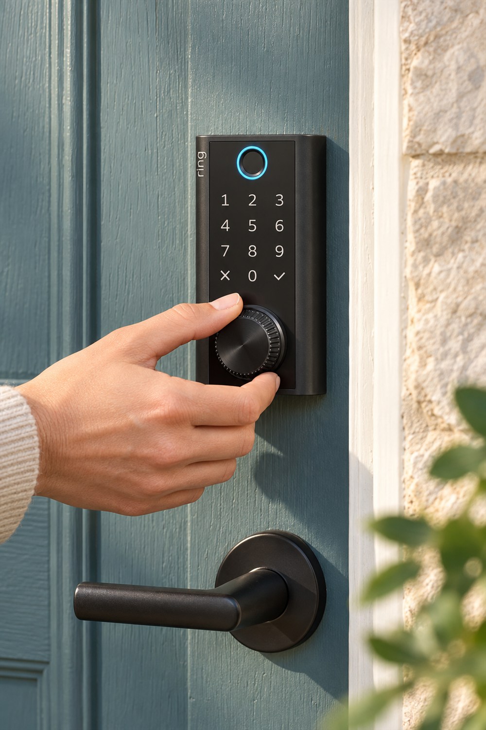 A hand grips the ridged backup power dial on a black Ring smart lock mounted above a lever handle on a blue-green front door.