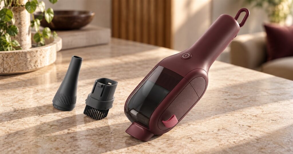 Burgundy handheld vacuum with compact dust body and hanging loop