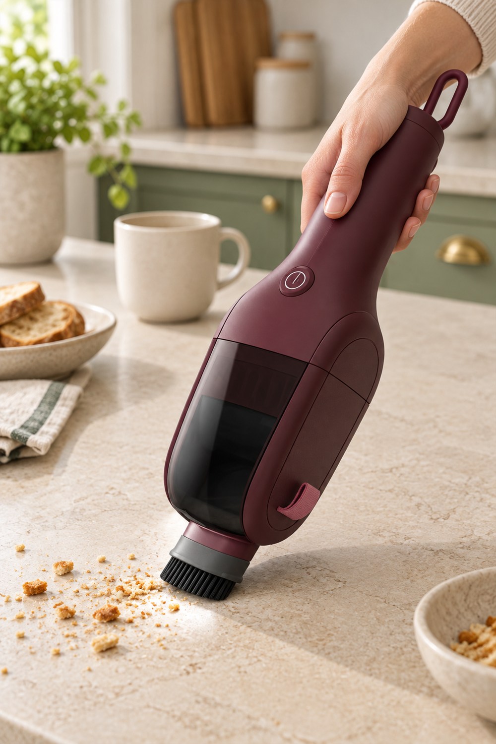 Hand holding a burgundy ErgoMini vacuum with a short dusting brush against crumbs on a pale kitchen counter.