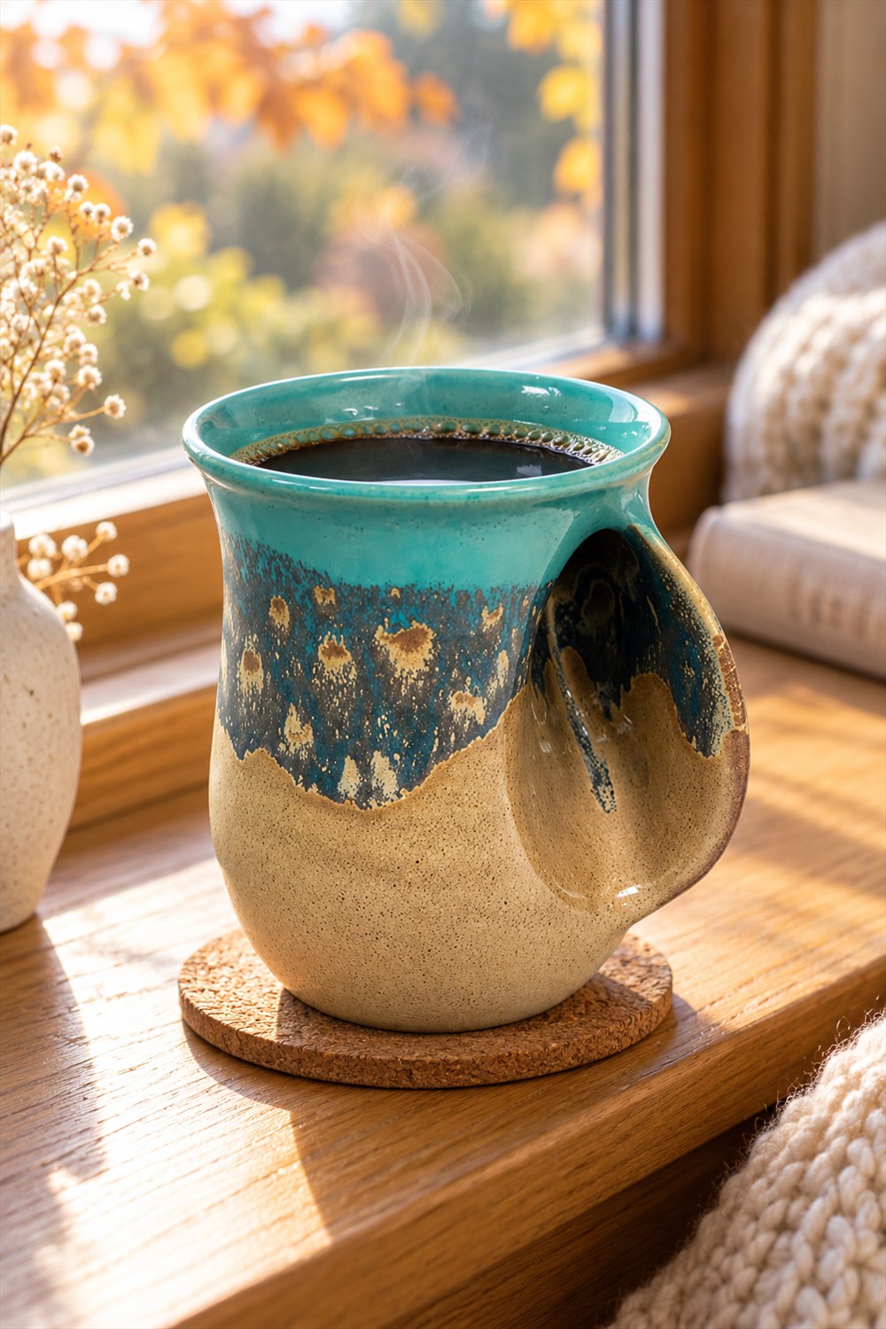 AI-generated view of a turquoise and sand-colored ceramic handwarmer mug filled with coffee, showing its sculpted finger pocket on a cork coaster beside an autumn window.
